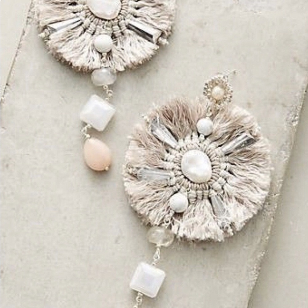 Anthropologie cream fringe drop earrings